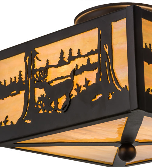 Meyda Lighting Deer at Lake 15" 2-Light Oil Rubbed Bronze Flush Mount Light With Beige Iridescent Shade Glass