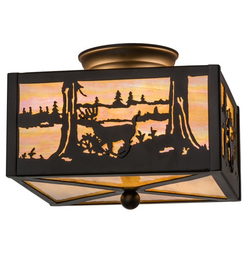 Meyda Lighting Deer at Lake 15" 2-Light Oil Rubbed Bronze Flush Mount Light With Beige Iridescent Shade Glass