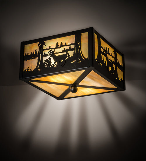 Meyda Lighting Deer at Lake 15" 2-Light Textured Black Flush Mount Light With Beige Iridescent Shade Glass