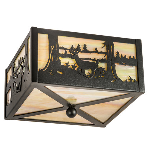 Meyda Lighting Deer at Lake 15" 2-Light Textured Black Flush Mount Light With Beige Iridescent Shade Glass