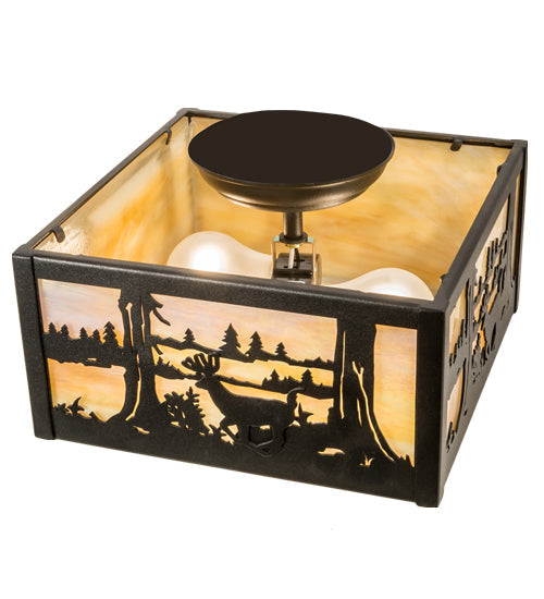 Meyda Lighting Deer at Lake 15" 2-Light Textured Black Flush Mount Light With Beige Iridescent Shade Glass