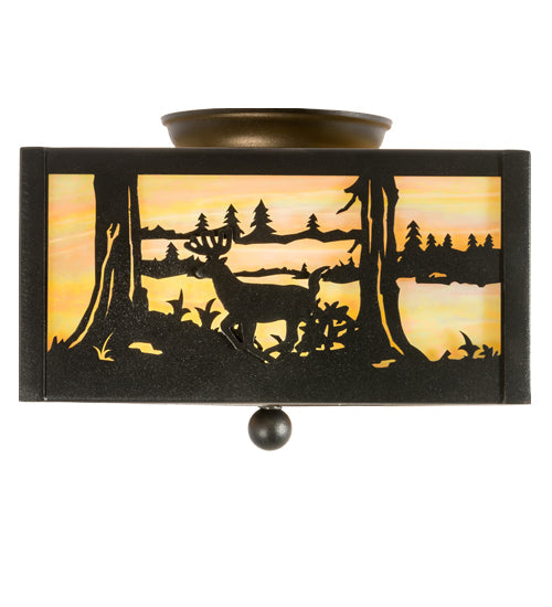 Meyda Lighting Deer at Lake 15" 2-Light Textured Black Flush Mount Light With Beige Iridescent Shade Glass