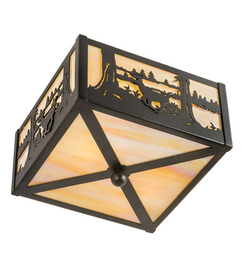 Meyda Lighting Deer at Lake 15" 2-Light Textured Black Flush Mount Light With Beige Iridescent Shade Glass