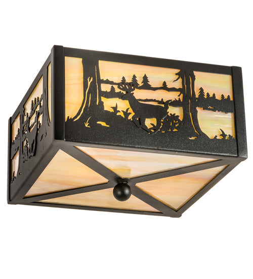 Meyda Lighting Deer at Lake 15" 2-Light Textured Black Flush Mount Light With Beige Iridescent Shade Glass
