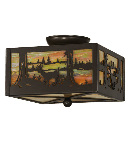 Meyda Lighting Deer at Lake 15" 2-Light Timeless Bronze Flush Mount Light With Beige Iridescent Shade Glass