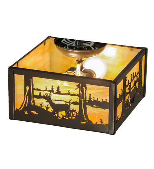 Meyda Lighting Deer at Lake 15" 2-Light Timeless Bronze Flush Mount Light With Beige Iridescent Shade Glass