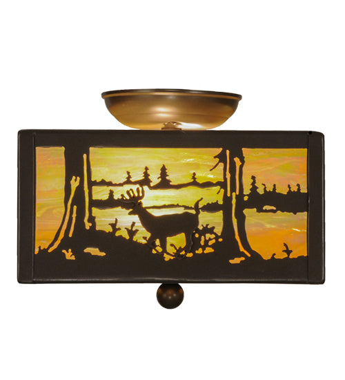 Meyda Lighting Deer at Lake 15" 2-Light Timeless Bronze Flush Mount Light With Beige Iridescent Shade Glass