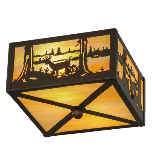 Meyda Lighting Deer at Lake 15" 2-Light Timeless Bronze Flush Mount Light With Beige Iridescent Shade Glass