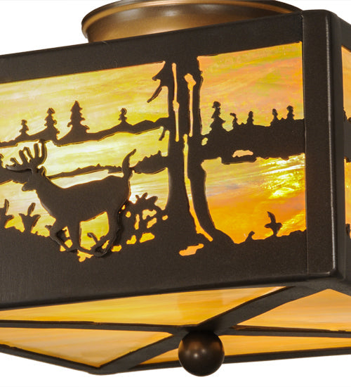 Meyda Lighting Deer at Lake 15" 2-Light Timeless Bronze Flush Mount Light With Beige Iridescent Shade Glass