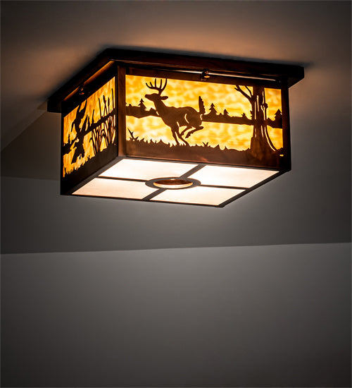 Meyda Lighting Deer at Lake 18" 5-Light Vintage Copper Flush Mount Light With Beige & Frosted Seeded Shade Glass