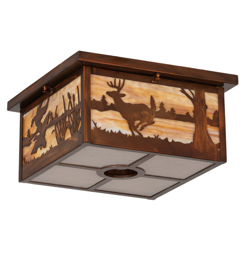 Meyda Lighting Deer at Lake 18" 5-Light Vintage Copper Flush Mount Light With Beige & Frosted Seeded Shade Glass