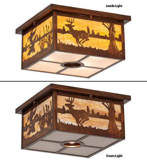 Meyda Lighting Deer at Lake 18" 5-Light Vintage Copper Flush Mount Light With Beige & Frosted Seeded Shade Glass