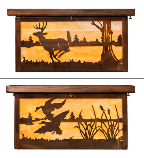 Meyda Lighting Deer at Lake 18" 5-Light Vintage Copper Flush Mount Light With Beige & Frosted Seeded Shade Glass
