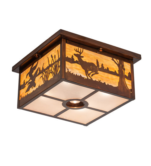 Meyda Lighting Deer at Lake 18" 5-Light Vintage Copper Flush Mount Light With Beige & Frosted Seeded Shade Glass