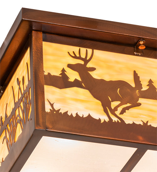 Meyda Lighting Deer at Lake 18" 5-Light Vintage Copper Flush Mount Light With Beige & Frosted Seeded Shade Glass
