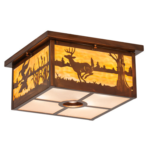 Meyda Lighting Deer at Lake 18" 5-Light Vintage Copper Flush Mount Light With Beige & Frosted Seeded Shade Glass