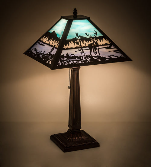 Meyda Lighting Deer at Lake 22" Craftsman Brown Table Lamp With Blue & Turquoise Shade Glass
