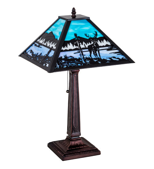 Meyda Lighting Deer at Lake 22" Craftsman Brown Table Lamp With Blue & Turquoise Shade Glass