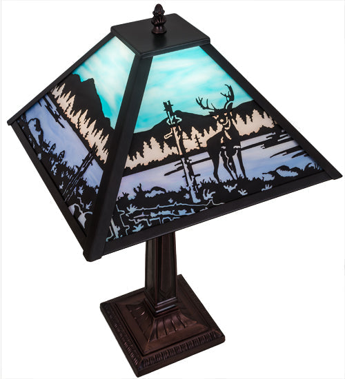 Meyda Lighting Deer at Lake 22" Craftsman Brown Table Lamp With Blue & Turquoise Shade Glass