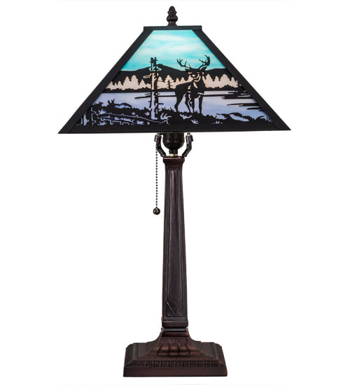 Meyda Lighting Deer at Lake 22" Craftsman Brown Table Lamp With Blue & Turquoise Shade Glass