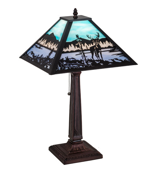Meyda Lighting Deer at Lake 22" Craftsman Brown Table Lamp With Blue & Turquoise Shade Glass