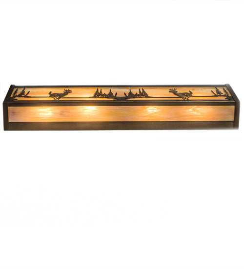 Meyda Lighting Deer at Lake 30" 4-Light Antique Copper Vanity Light With Beige Iridescent Shade Glass