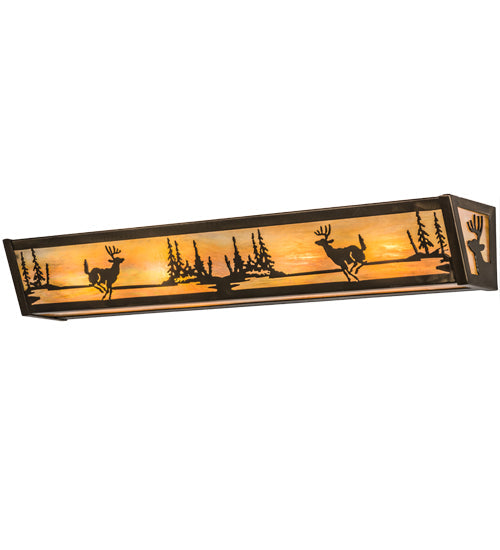 Meyda Lighting Deer at Lake 30" 4-Light Antique Copper Vanity Light With Beige Iridescent Shade Glass