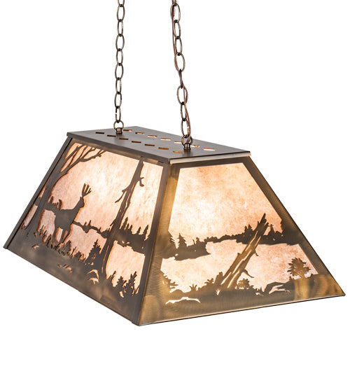 Meyda Lighting Deer at Lake 33" 6-Light Antique Copper Island Pendant Light With Silver Mica Shade Glass