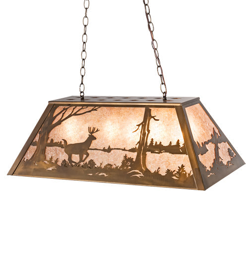 Meyda Lighting Deer at Lake 33" 6-Light Antique Copper Island Pendant Light With Silver Mica Shade Glass