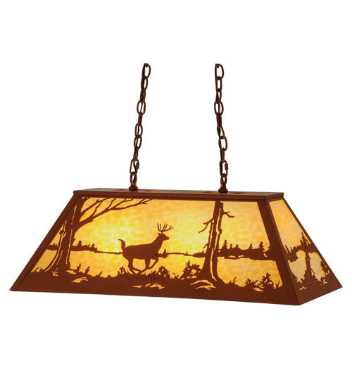 Meyda Lighting Deer at Lake 33" 6-Light Earth Island Pendant Light With Beige Art Shade Glass