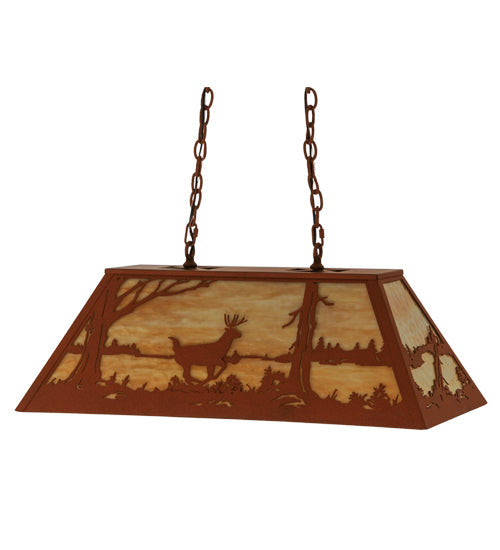 Meyda Lighting Deer at Lake 33" 6-Light Earth Island Pendant Light With Beige Art Shade Glass