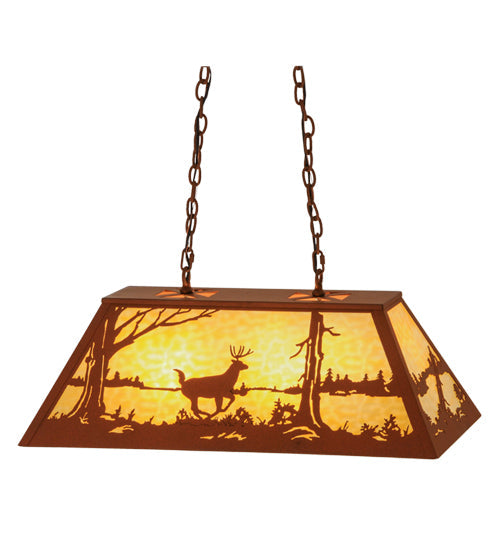 Meyda Lighting Deer at Lake 33" 6-Light Earth Island Pendant Light With Beige Art Shade Glass