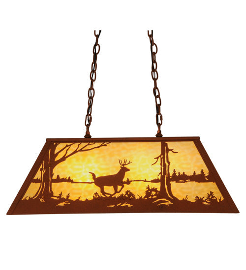Meyda Lighting Deer at Lake 33" 6-Light Earth Island Pendant Light With Beige Art Shade Glass
