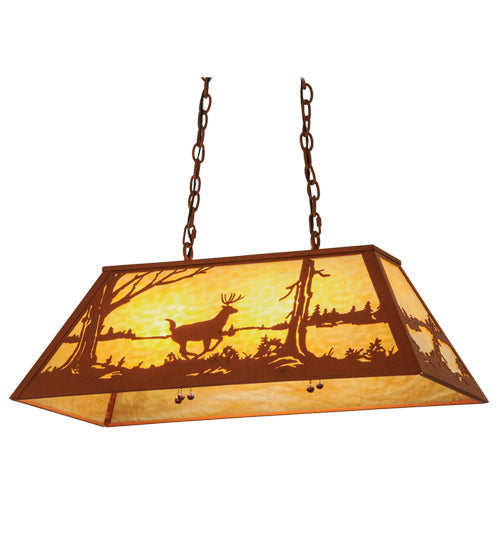 Meyda Lighting Deer at Lake 33" 6-Light Earth Island Pendant Light With Beige Art Shade Glass