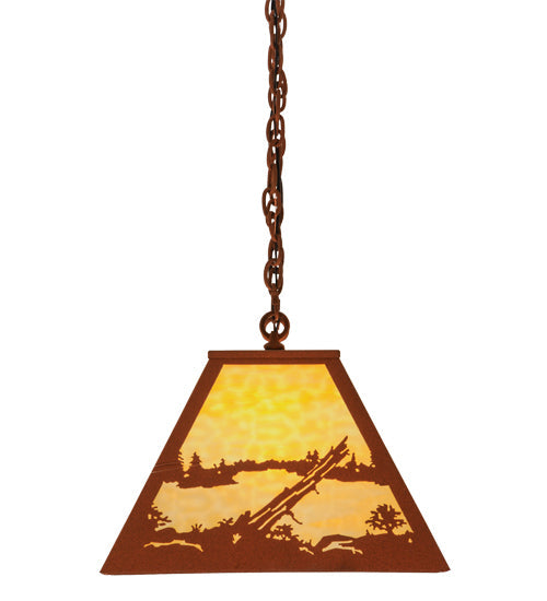 Meyda Lighting Deer at Lake 33" 6-Light Earth Island Pendant Light With Beige Art Shade Glass