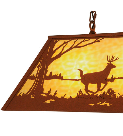 Meyda Lighting Deer at Lake 33" 6-Light Earth Island Pendant Light With Beige Art Shade Glass