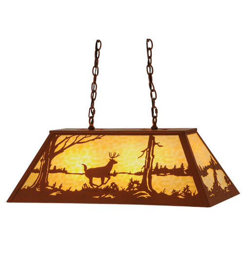 Meyda Lighting Deer at Lake 33" 6-Light Earth Island Pendant Light With Beige Art Shade Glass