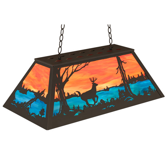 Meyda Lighting Deer at Lake 33" 6-Light Oil Rubbed Bronze Island Pendant Light With Orange & Blue Green Art Shade Glass