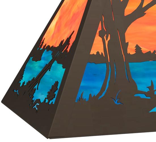 Meyda Lighting Deer at Lake 33" 6-Light Oil Rubbed Bronze Island Pendant Light With Orange & Blue Green Art Shade Glass