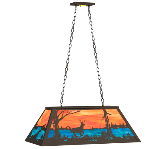 Meyda Lighting Deer at Lake 33" 6-Light Oil Rubbed Bronze Island Pendant Light With Orange & Blue Green Art Shade Glass
