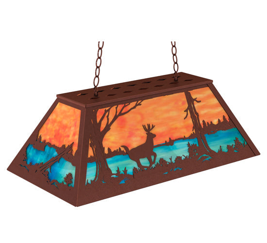 Meyda Lighting Deer at Lake 33" 6-Light Rust Island Pendant Light With Orange & Blue Green Art Shade Glass