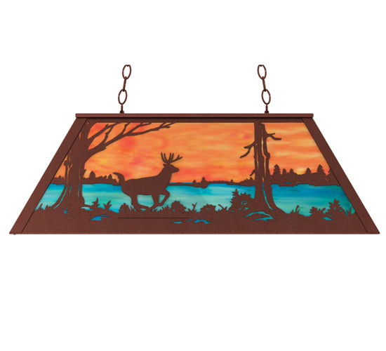 Meyda Lighting Deer at Lake 33" 6-Light Rust Island Pendant Light With Orange & Blue Green Art Shade Glass