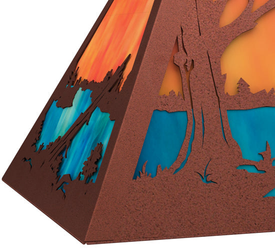 Meyda Lighting Deer at Lake 33" 6-Light Rust Island Pendant Light With Orange & Blue Green Art Shade Glass