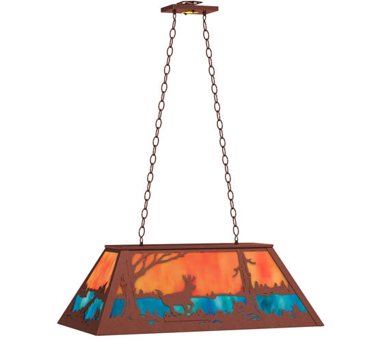Meyda Lighting Deer at Lake 33" 6-Light Rust Island Pendant Light With Orange & Blue Green Art Shade Glass