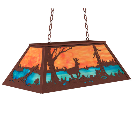 Meyda Lighting Deer at Lake 33" 6-Light Rust Island Pendant Light With Orange & Blue Green Art Shade Glass