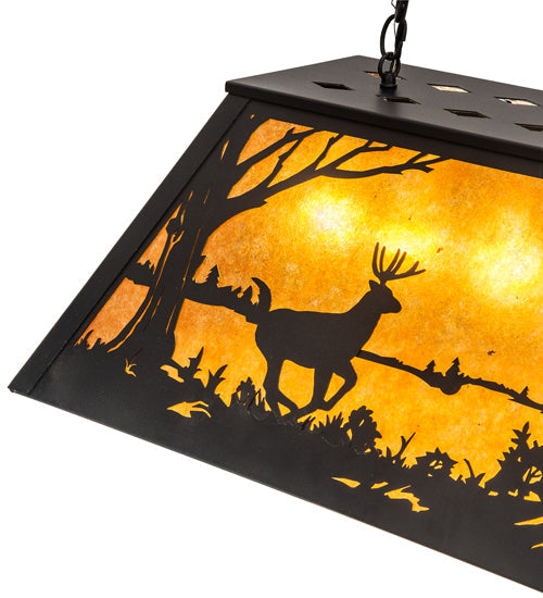 Meyda Lighting Deer at Lake 33" 6-Light Textured Black Island Pendant Light With Amber Mica Shade Glass