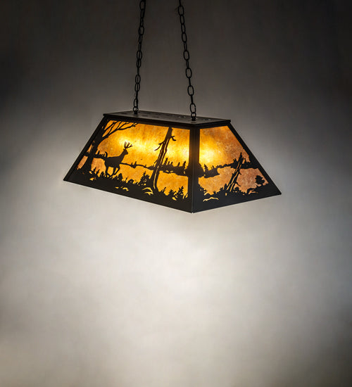Meyda Lighting Deer at Lake 33" 6-Light Textured Black Island Pendant Light With Amber Mica Shade Glass