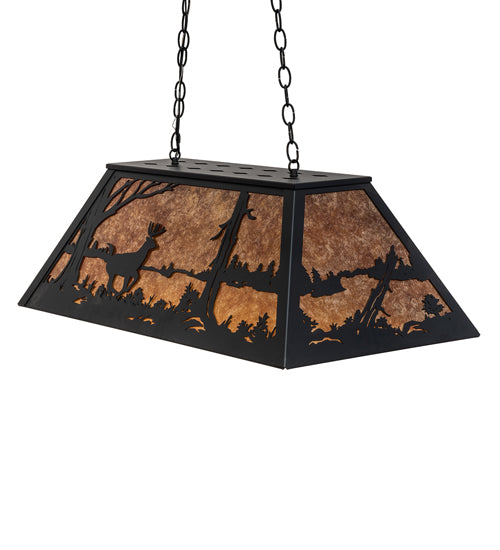 Meyda Lighting Deer at Lake 33" 6-Light Textured Black Island Pendant Light With Amber Mica Shade Glass