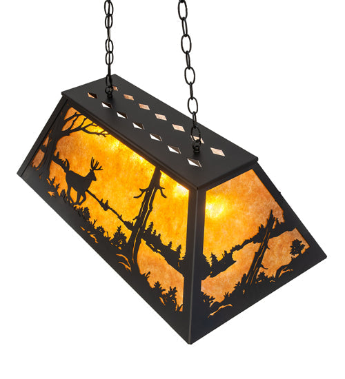 Meyda Lighting Deer at Lake 33" 6-Light Textured Black Island Pendant Light With Amber Mica Shade Glass