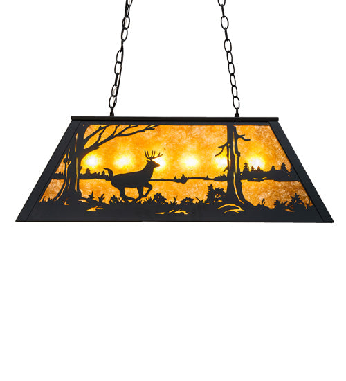 Meyda Lighting Deer at Lake 33" 6-Light Textured Black Island Pendant Light With Amber Mica Shade Glass